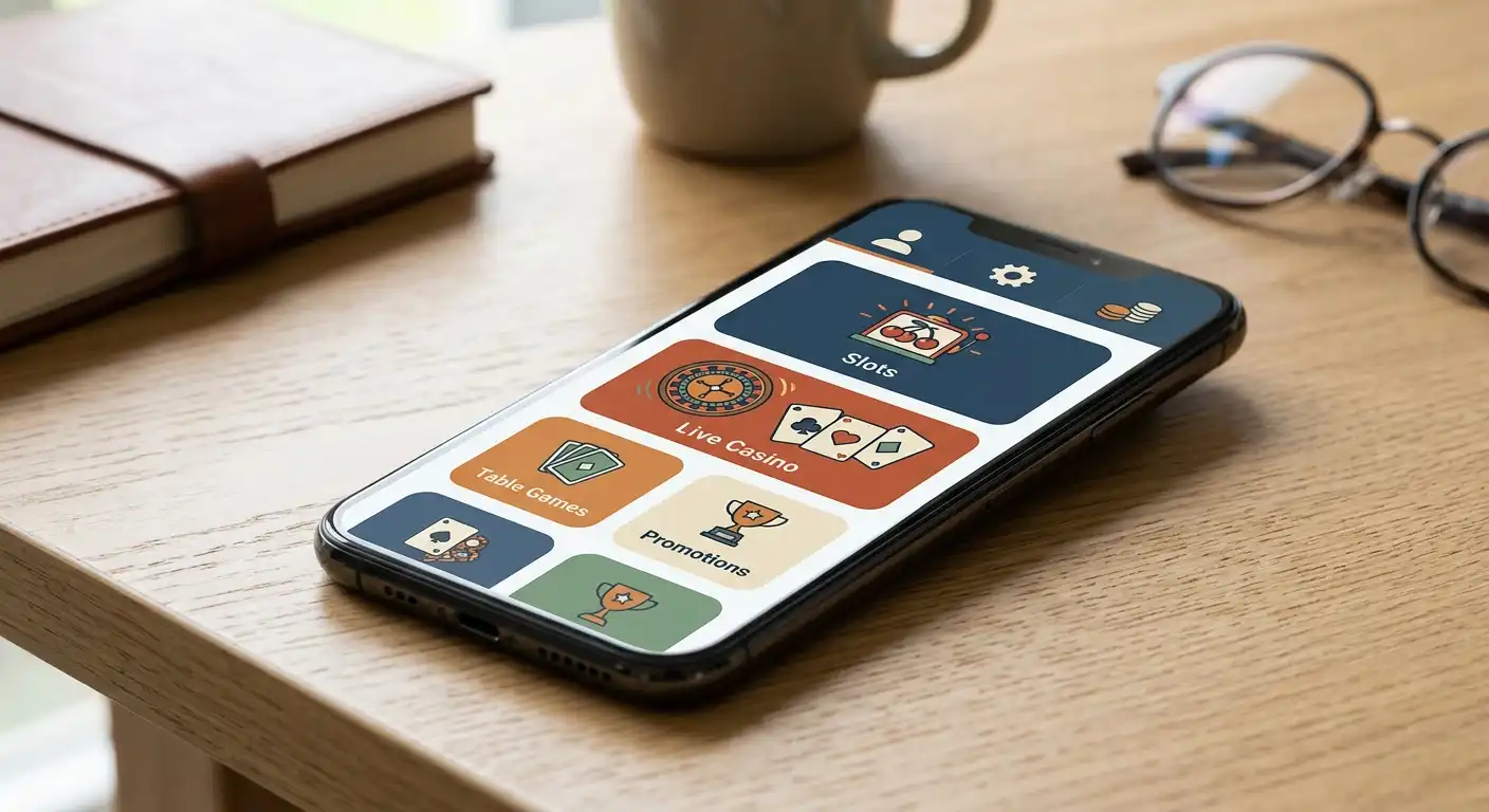 Smartphone met een casinopagina waarop verschillende spelcategorieën in een compacte mobiele indeling staan
