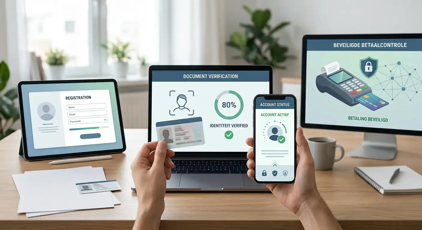 Accountformulier naast een identiteitscontrole met document- en statusiconen