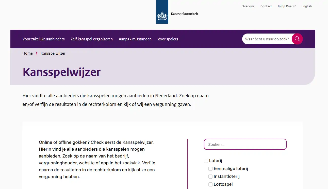 Kansspelwijzer van de Kansspelautoriteit met het overzicht voor controle van Nederlandse vergunninghouders