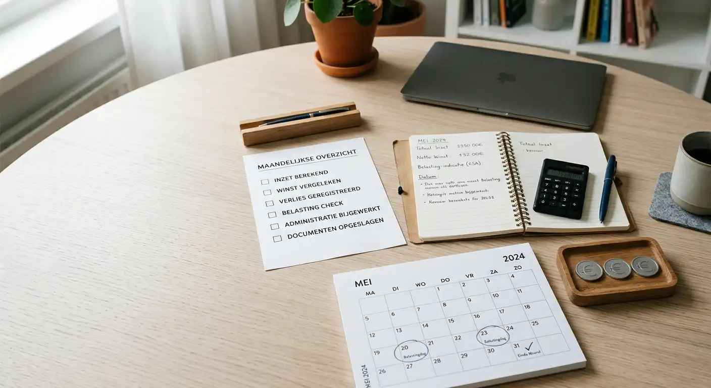 Kalender met maandbedragen, inzet en gewonnen bedragen naast een Nederlandse belastingaangifte