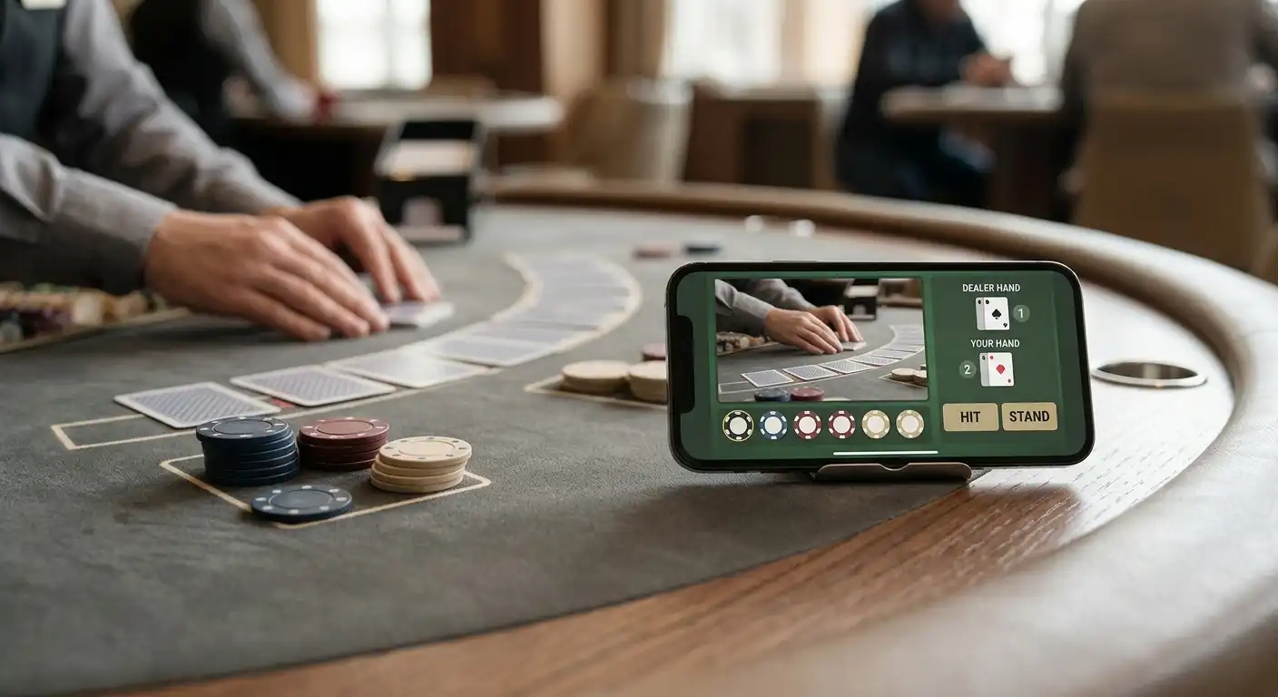 Live casinotafel weergegeven op een smartphone naast speelkaarten en fiches